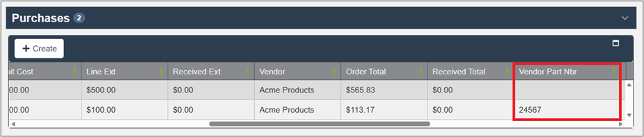 Vendor Part Number column