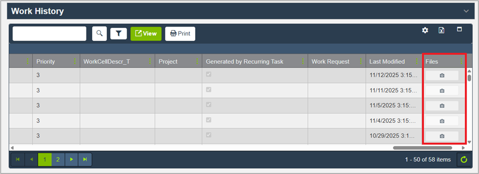 Files column in Asset Work History